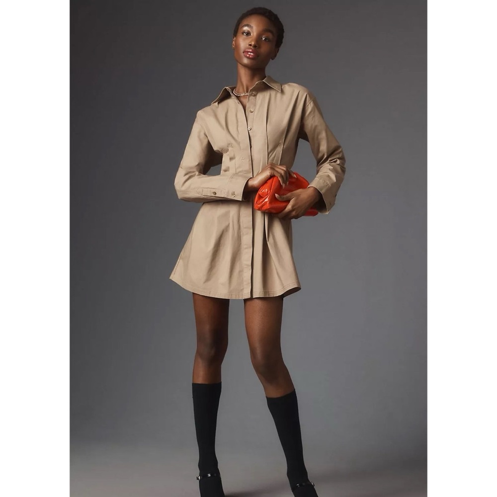 NEW Anthropologie Pilcro Pintuck Mini Shirt Dress Khaki Beige Small Button Front - Picture 5 of 15